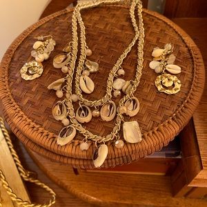 Shells,Leather and Goldtone Chain Necklace and Earring Set